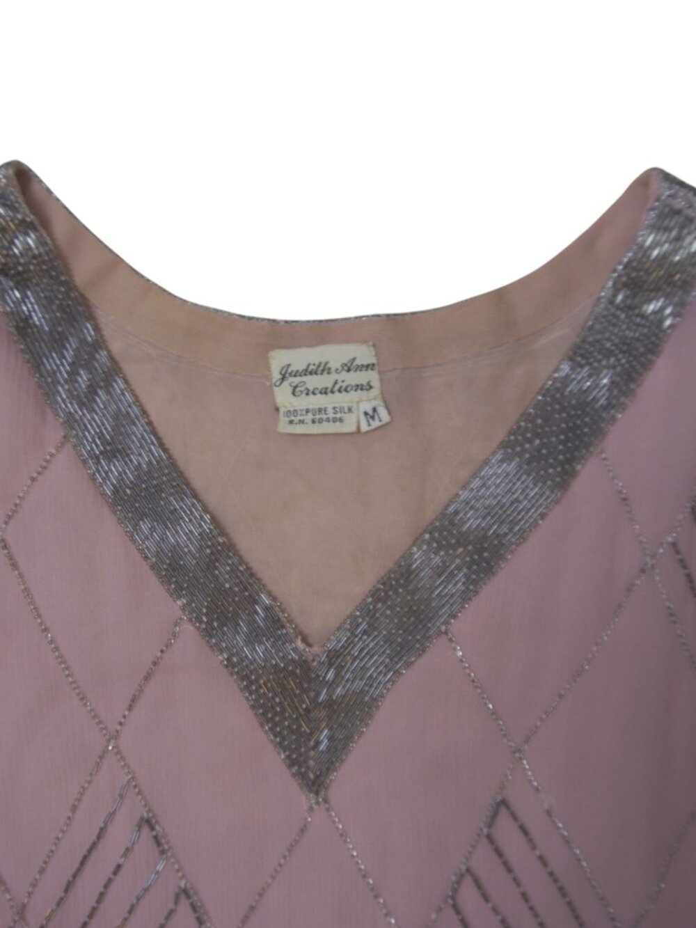 Judith Ann Creations 100% Silk Dusty Pink Silver Beaded Art Deco Top M - Picture 9 of 16